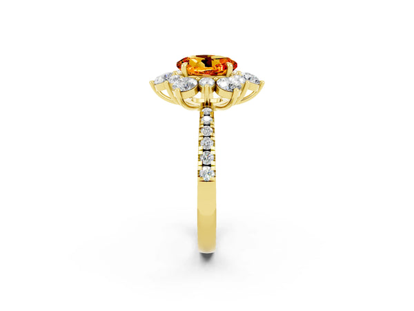 Yellow gold Round Cut Citrine Floral Halo Ring with Round Pavé Band and Prong Setting