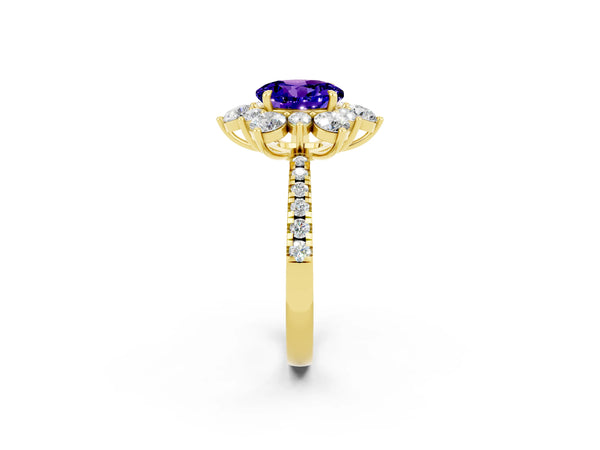 Yellow gold Round Cut Tanzanite Floral Halo Ring with Round Pavé Band and Prong Setting