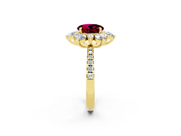 Yellow gold Round Cut Garnet Floral Halo Ring with Round Pavé Band and Prong Setting