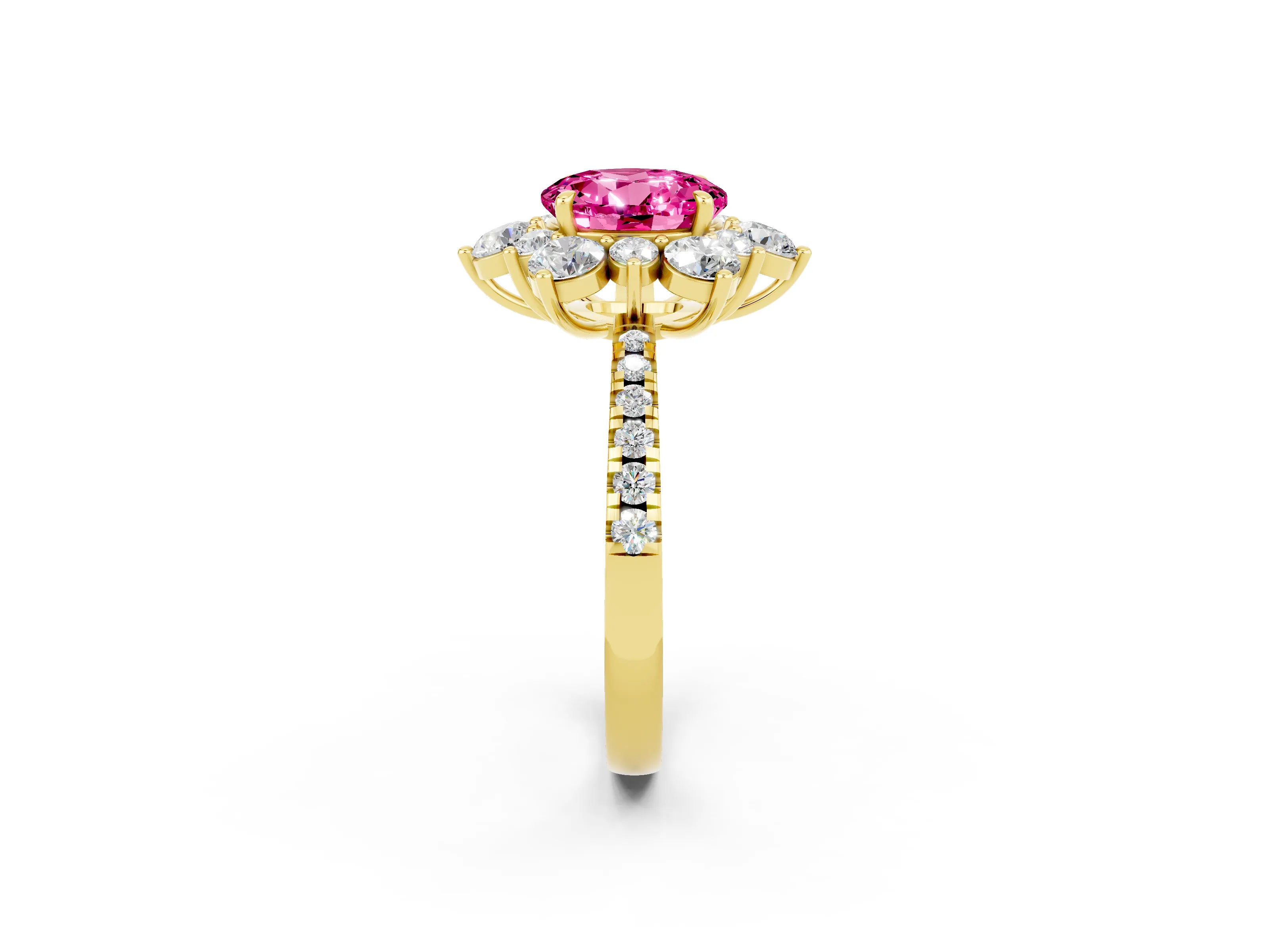 Yellow gold Round Cut Cut Diamond Floral Halo Pave Band with Prong Setting_2