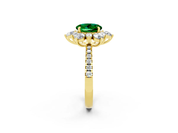 Yellow gold Round Cut Emerald Floral Halo Ring with Round Pavé Band and Prong Setting