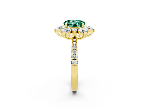 Yellow gold Round Cut Green Sapphire Floral Halo Ring with Round Pavé Band and Prong Setting