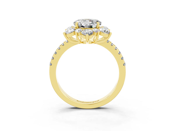 Yellow gold Round Cut Moissanite Floral Halo Ring with Round Pavé Band and Prong Setting