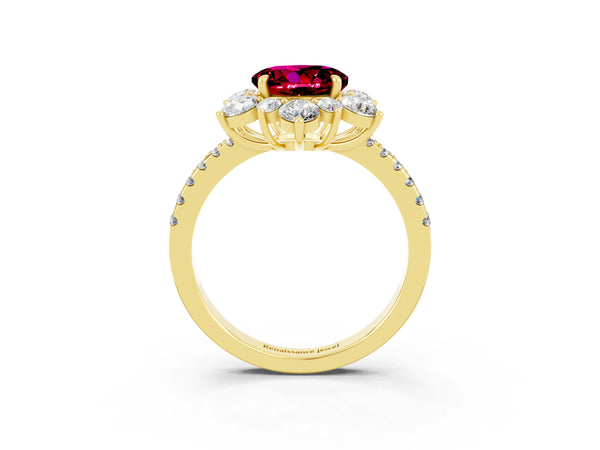 Yellow gold Round Cut Garnet Floral Halo Ring with Round Pavé Band and Prong Setting