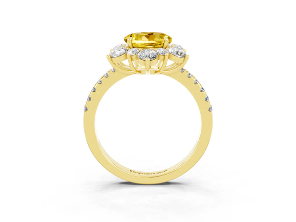 Yellow gold Round Cut Yellow Sapphire Floral Halo Ring with Round Pavé Band and Prong Setting
