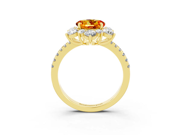 Yellow gold Round Cut Citrine Floral Halo Ring with Round Pavé Band and Prong Setting