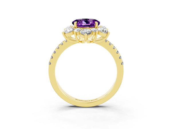 Yellow gold Round Cut Amethyst Floral Halo Ring with Round Pavé Band and Prong Setting