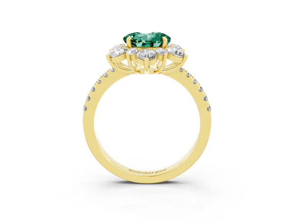 Yellow gold Round Cut Green Sapphire Floral Halo Ring with Round Pavé Band and Prong Setting