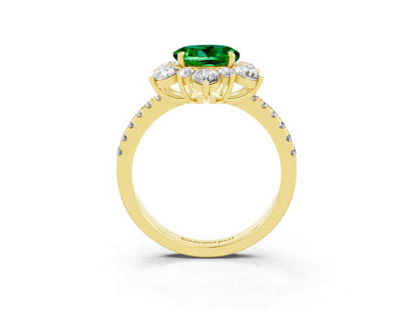 Yellow gold Round Cut Emerald Floral Halo Ring with Round Pavé Band and Prong Setting
