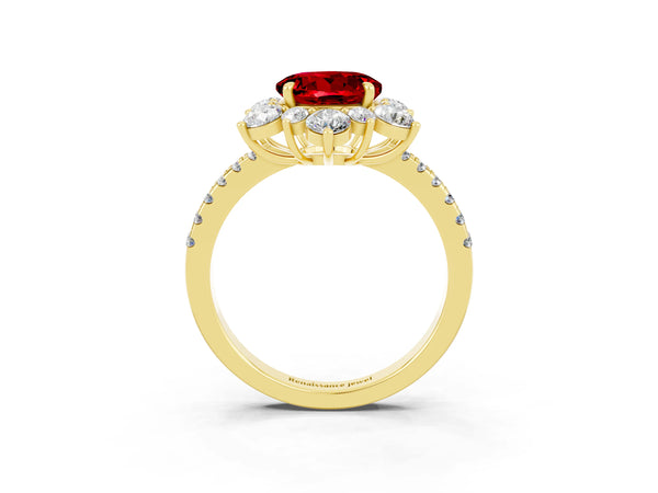 Yellow gold Round Cut Ruby Floral Halo Ring with Round Pavé Band and Prong Setting