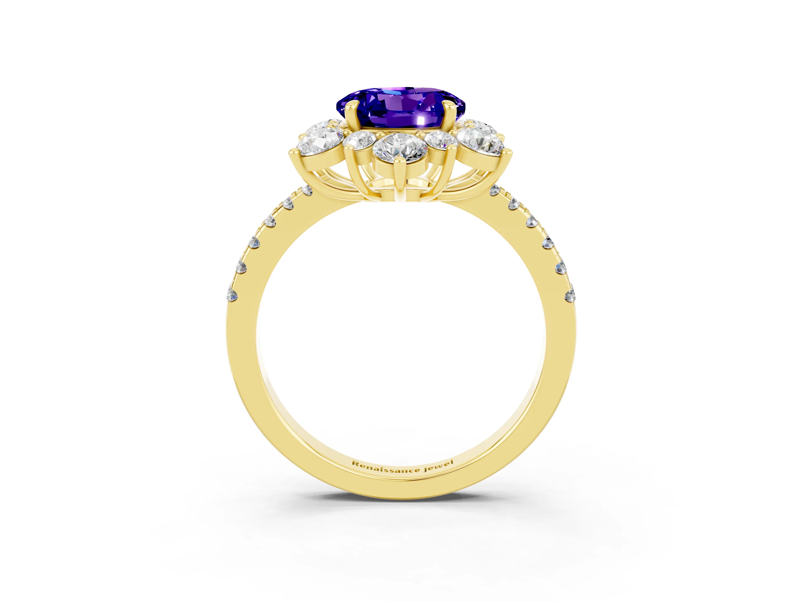 Yellow gold Round Cut Cut Diamond Floral Halo Pave Band with Prong Setting_3