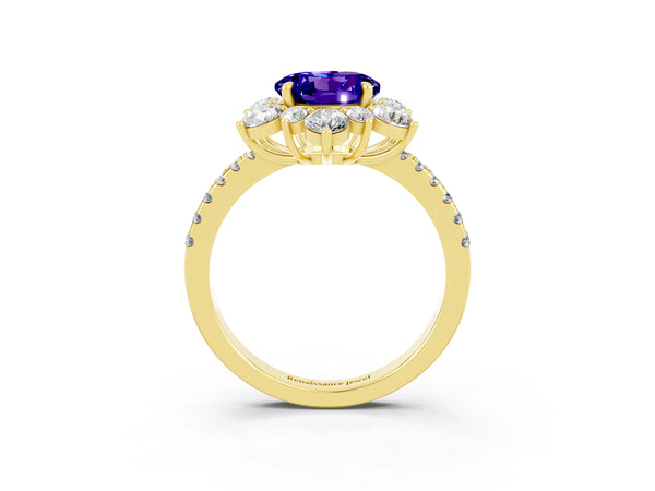 Yellow gold Round Cut Tanzanite Floral Halo Ring with Round Pavé Band and Prong Setting