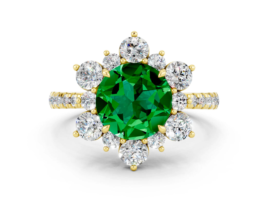 Yellow gold Round Cut Cut Diamond Floral Halo Pave Band with Prong Setting