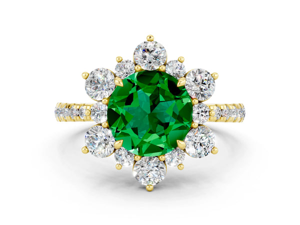 Yellow gold Round Cut Emerald Floral Halo Ring with Round Pavé Band and Prong Setting