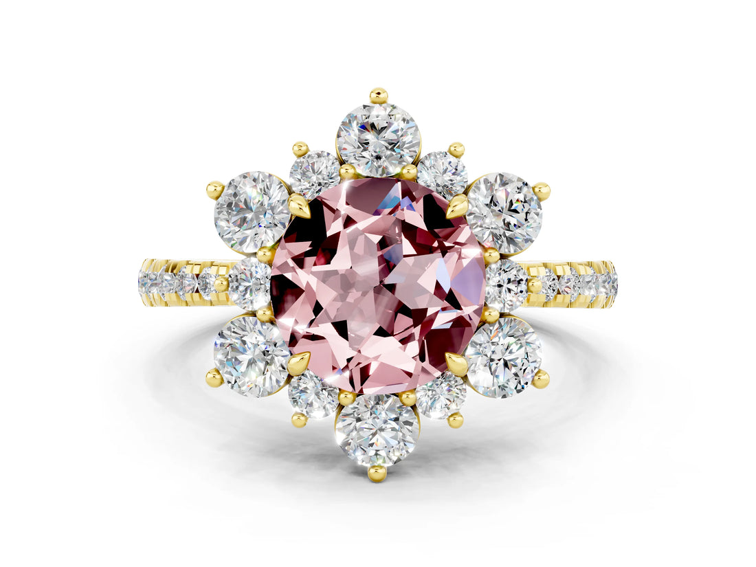 Yellow gold Round Cut Cut Diamond Floral Halo Pave Band with Prong Setting