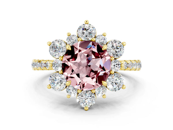 Yellow gold Round Cut Cut Diamond Floral Halo Pave Band with Prong Setting