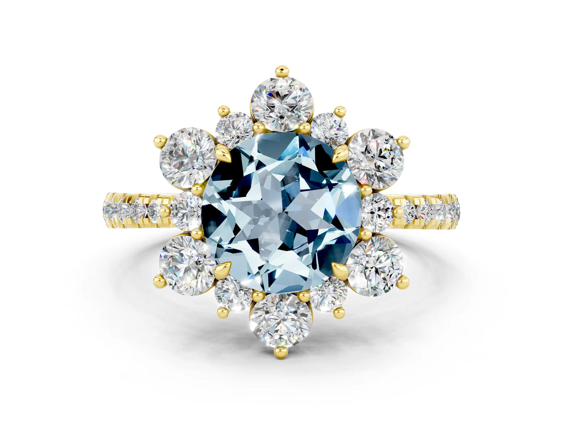 Yellow gold Round Cut Cut Diamond Floral Halo Pave Band with Prong Setting