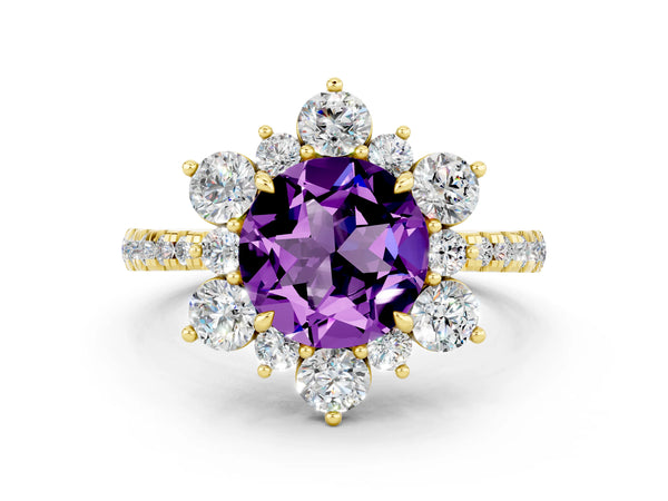 Yellow gold Round Cut Amethyst Floral Halo Ring with Round Pavé Band and Prong Setting