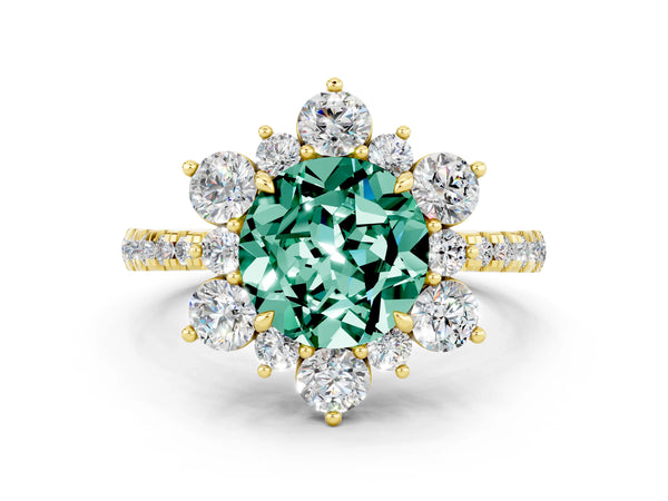 Yellow gold Round Cut Green Sapphire Floral Halo Ring with Round Pavé Band and Prong Setting