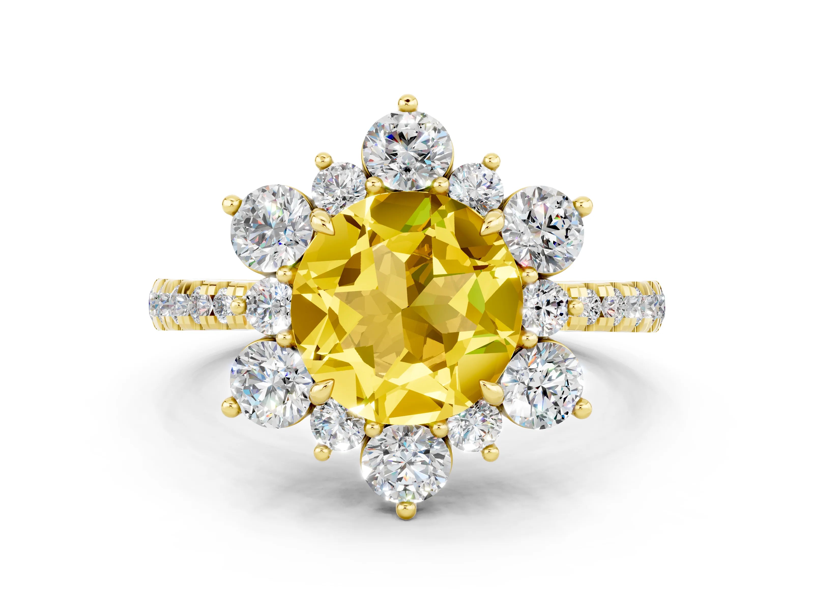 Yellow gold Round Cut Cut Diamond Floral Halo Pave Band with Prong Setting