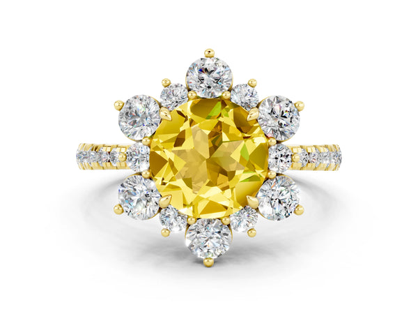 Yellow gold Round Cut Yellow Sapphire Floral Halo Ring with Round Pavé Band and Prong Setting