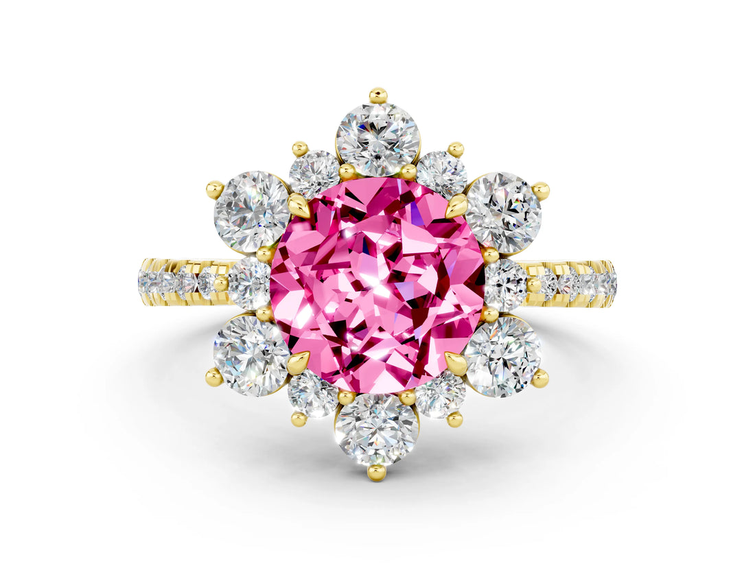 Yellow gold Round Cut Cut Diamond Floral Halo Pave Band with Prong Setting