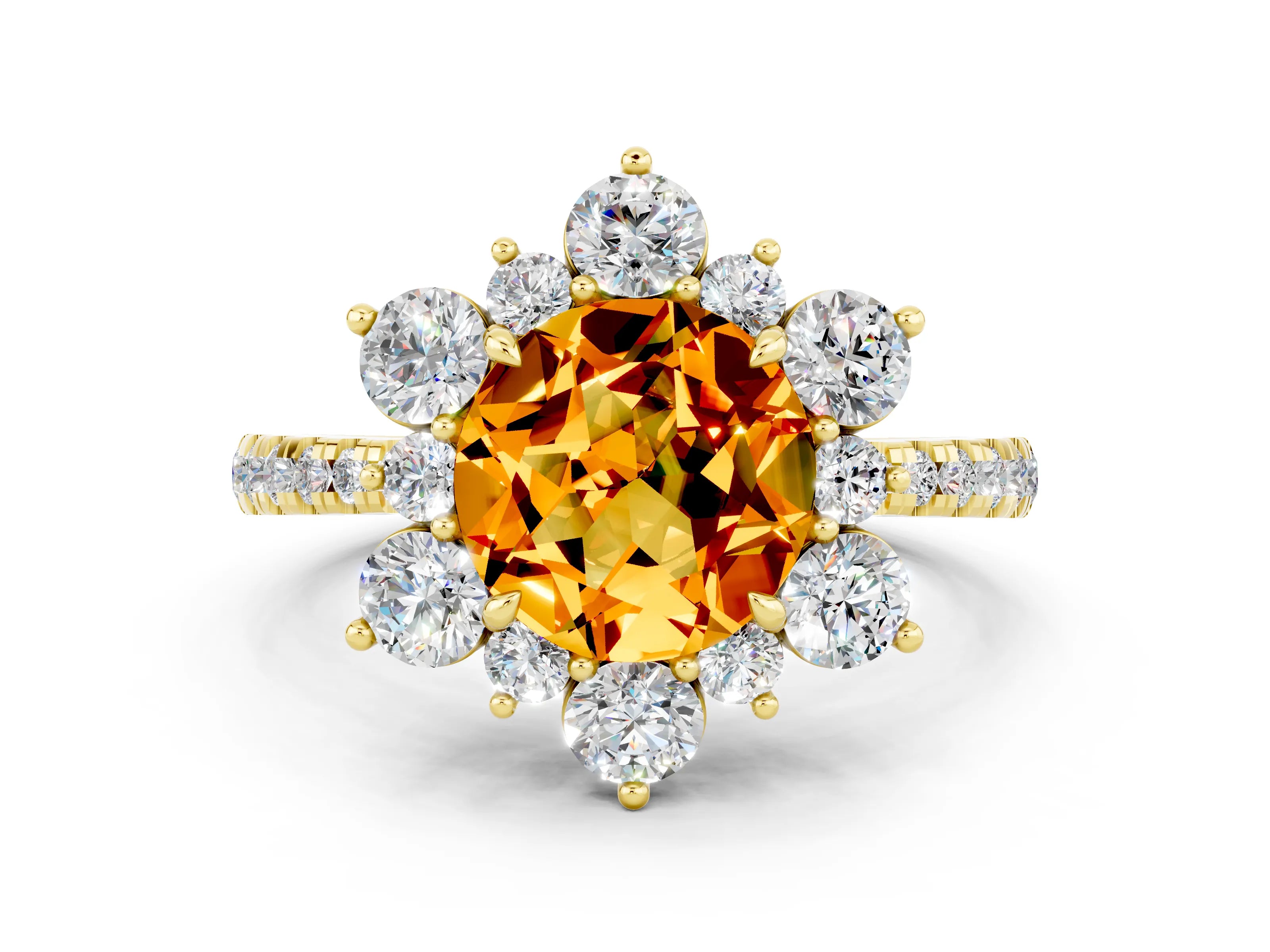 Yellow gold Round Cut Cut Diamond Floral Halo Pave Band with Prong Setting