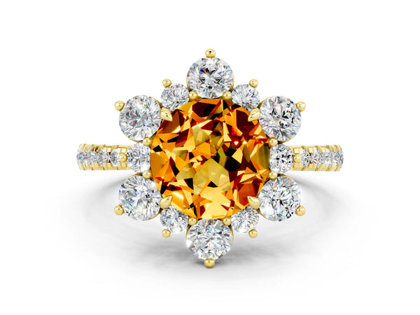 Yellow gold Round Cut Citrine Floral Halo Ring with Round Pavé Band and Prong Setting