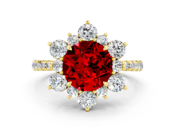 Yellow gold Round Cut Ruby Floral Halo Ring with Round Pavé Band and Prong Setting