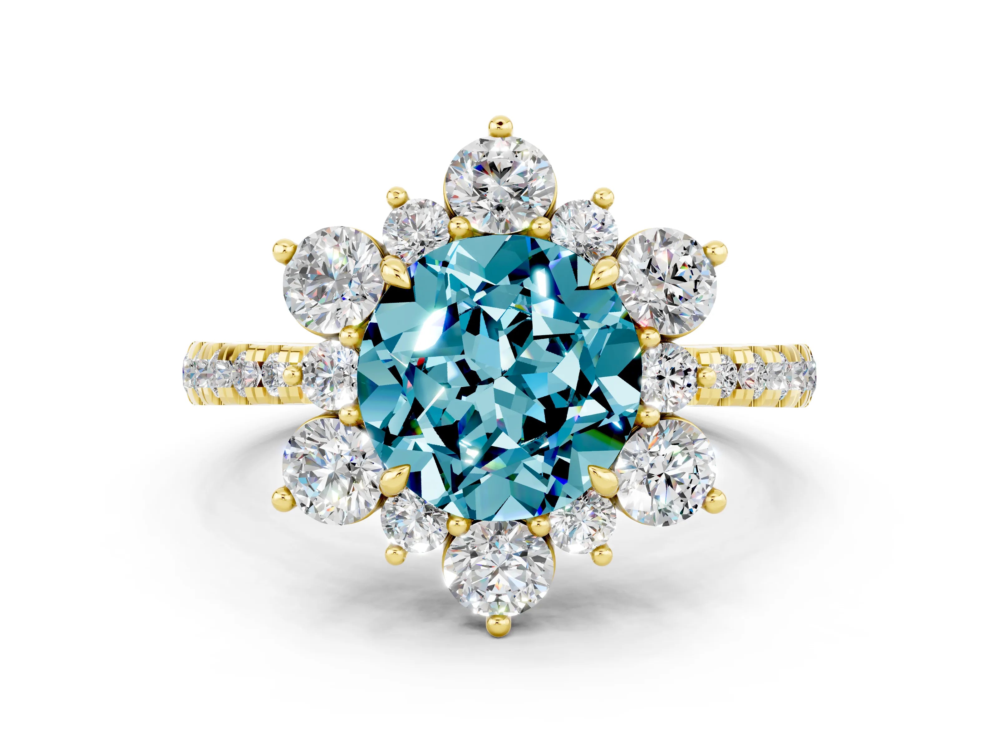 Yellow gold Round Cut Cut Diamond Floral Halo Pave Band with Prong Setting