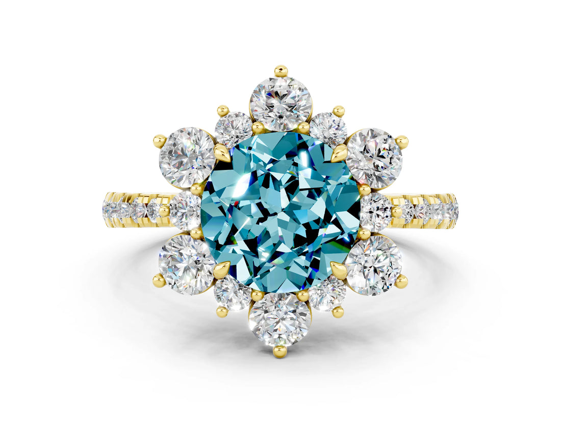 Yellow gold Round Cut Cut Diamond Floral Halo Pave Band with Prong Setting