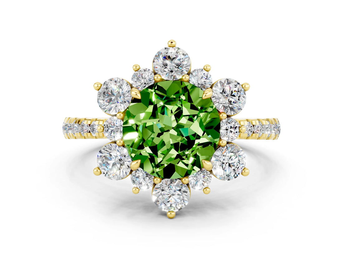 Yellow gold Round Cut Cut Diamond Floral Halo Pave Band with Prong Setting