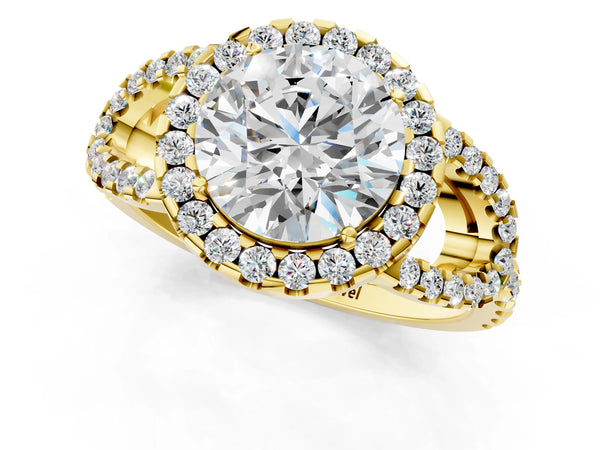 Yellow Gold Round Split Shank Pave Halo Engagement Ring Setting