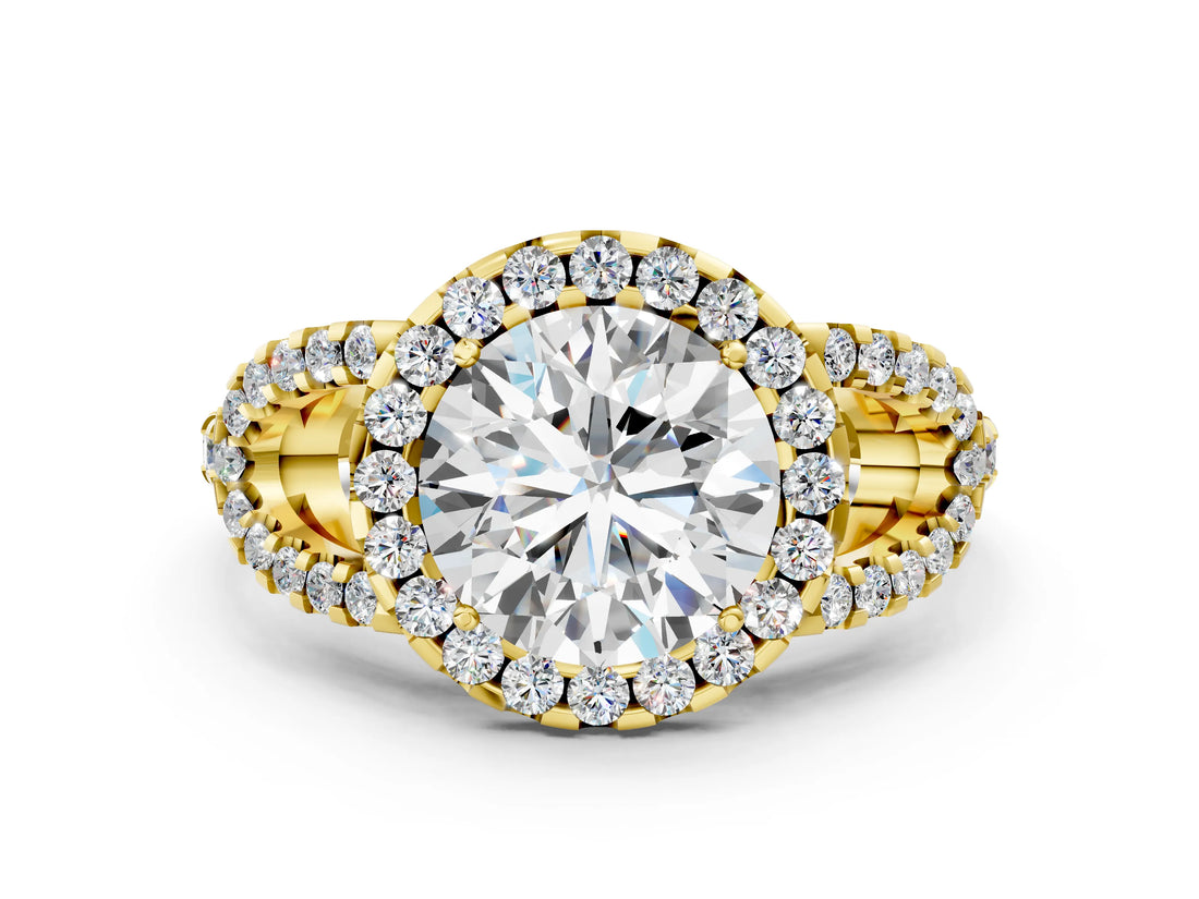 Yellow gold Round Cut Cut Diamond Halo Engagement Ring with Open Split Pavé Band_9