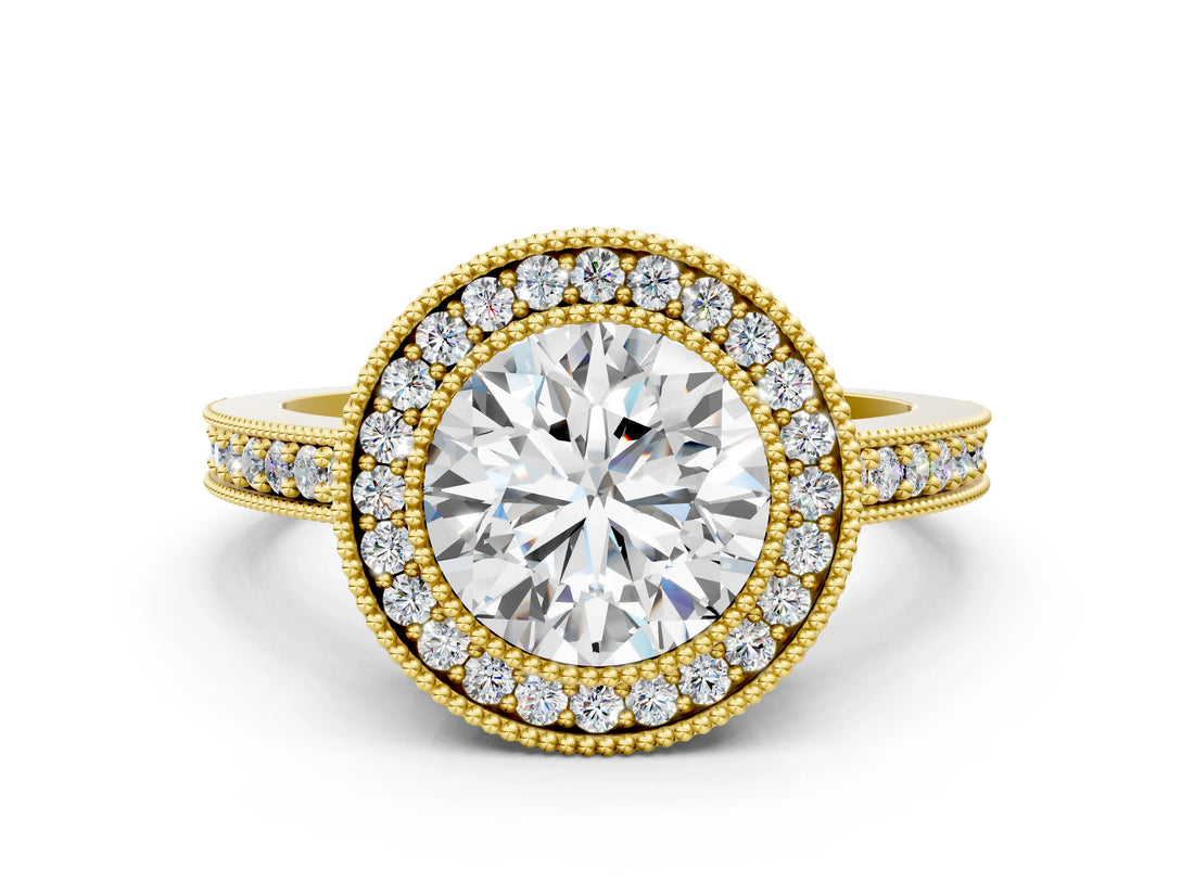Yellow gold Round Cut-Cut Diamond Halo Engagement Ring with Pave Band and Prong Setting_9