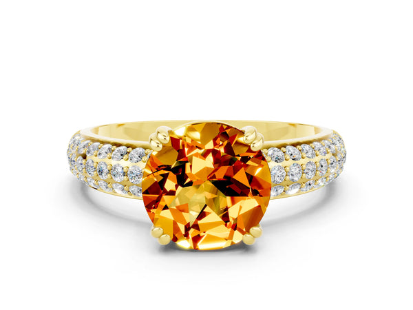 Yellow gold Round Cut Citrine Vintage Milgrain Ring with Round  Stations