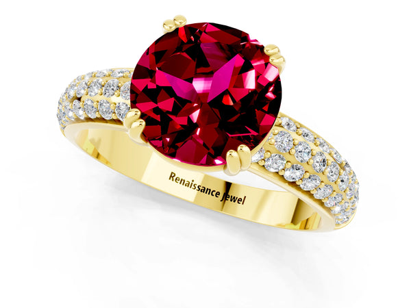Yellow gold Round Cut Garnet Vintage Milgrain Ring with Round  Stations