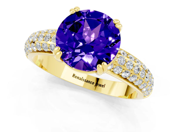 Yellow gold Round Cut Tanzanite Vintage Milgrain Ring with Round  Stations