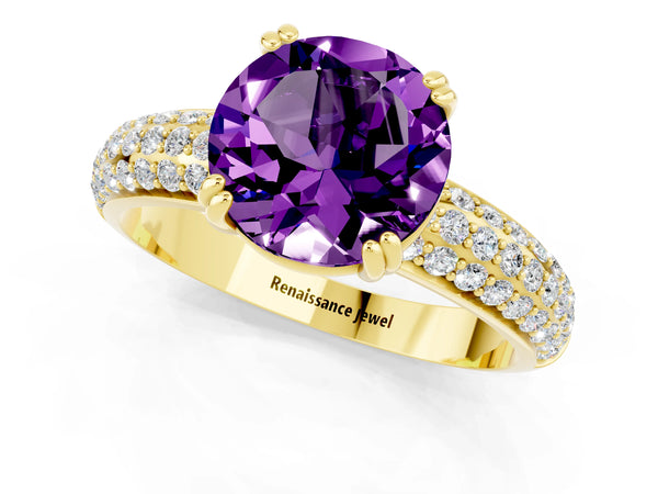 Yellow gold Round Cut Amethyst Vintage Milgrain Ring with Round  Stations