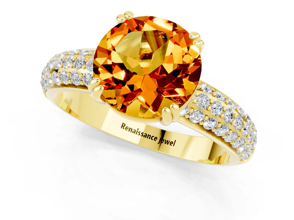 Yellow gold Round Cut Citrine Vintage Milgrain Ring with Round  Stations