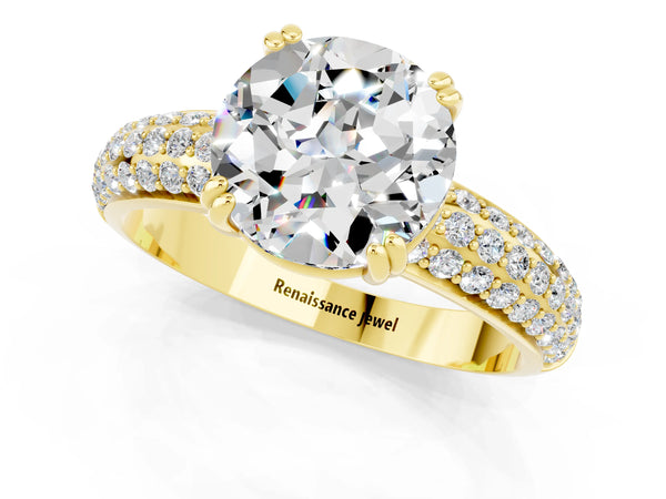 Yellow gold Round Cut Moissanite Vintage Milgrain Ring with Round  Stations
