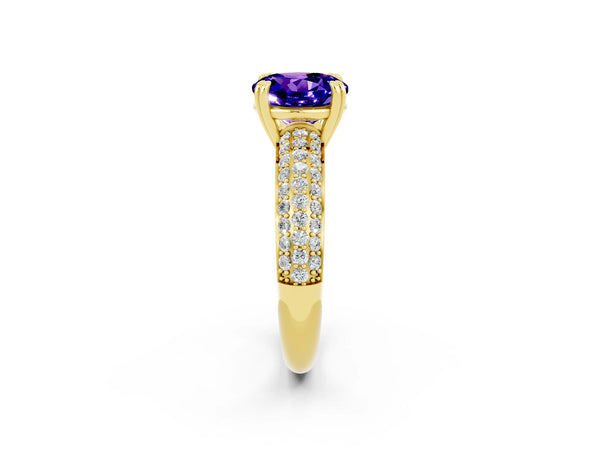 Yellow gold Round Cut Tanzanite Vintage Milgrain Ring with Round  Stations