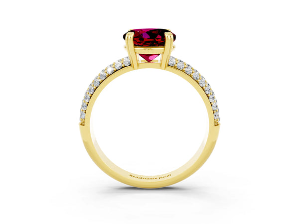 Yellow gold Round Cut Garnet Vintage Milgrain Ring with Round  Stations