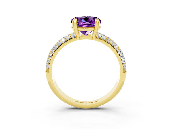 Yellow gold Round Cut Amethyst Vintage Milgrain Ring with Round  Stations