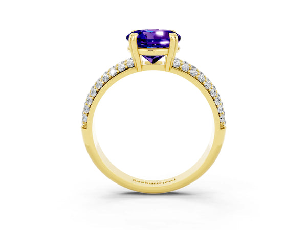 Yellow gold Round Cut Tanzanite Vintage Milgrain Ring with Round  Stations