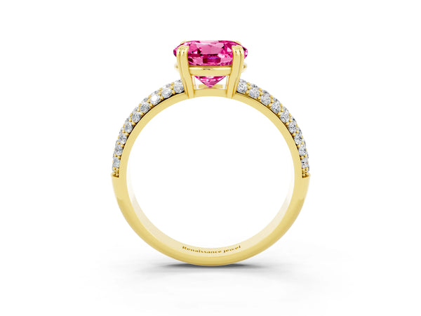 Yellow Gold Round Lab-Grown Pink Sapphire Vintage Milgrain Engagement Ring