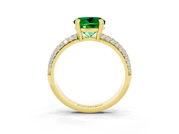 Yellow gold Round Cut Emerald Vintage Milgrain Ring with Round  Stations