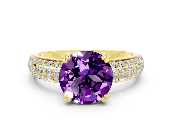 Yellow gold Round Cut Amethyst Vintage Milgrain Ring with Round  Stations