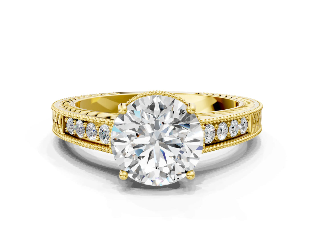 Yellow gold Round Cut Cut Diamond Milgrain Pave Band Four-Prong Setting Ring_3