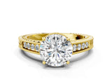 Yellow gold Round Cut Cut Diamond Milgrain Pave Band Four-Prong Setting Ring_3